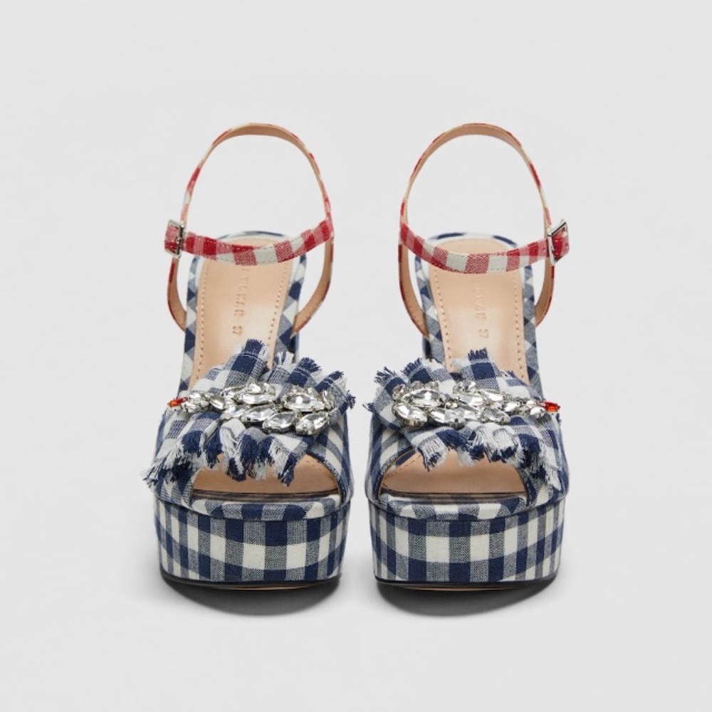 Zara Vichy pattern bejeweled platform sandals HP! - Picture 5 of 6